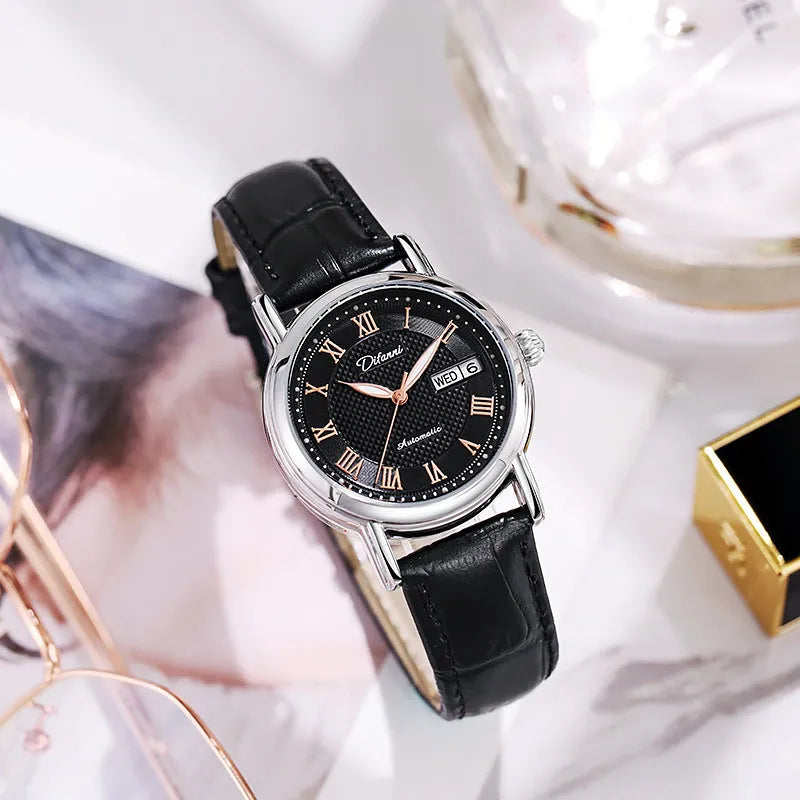 Women's automatic mechanical watch with 12mm case on steel belt and leather strap in various colours.