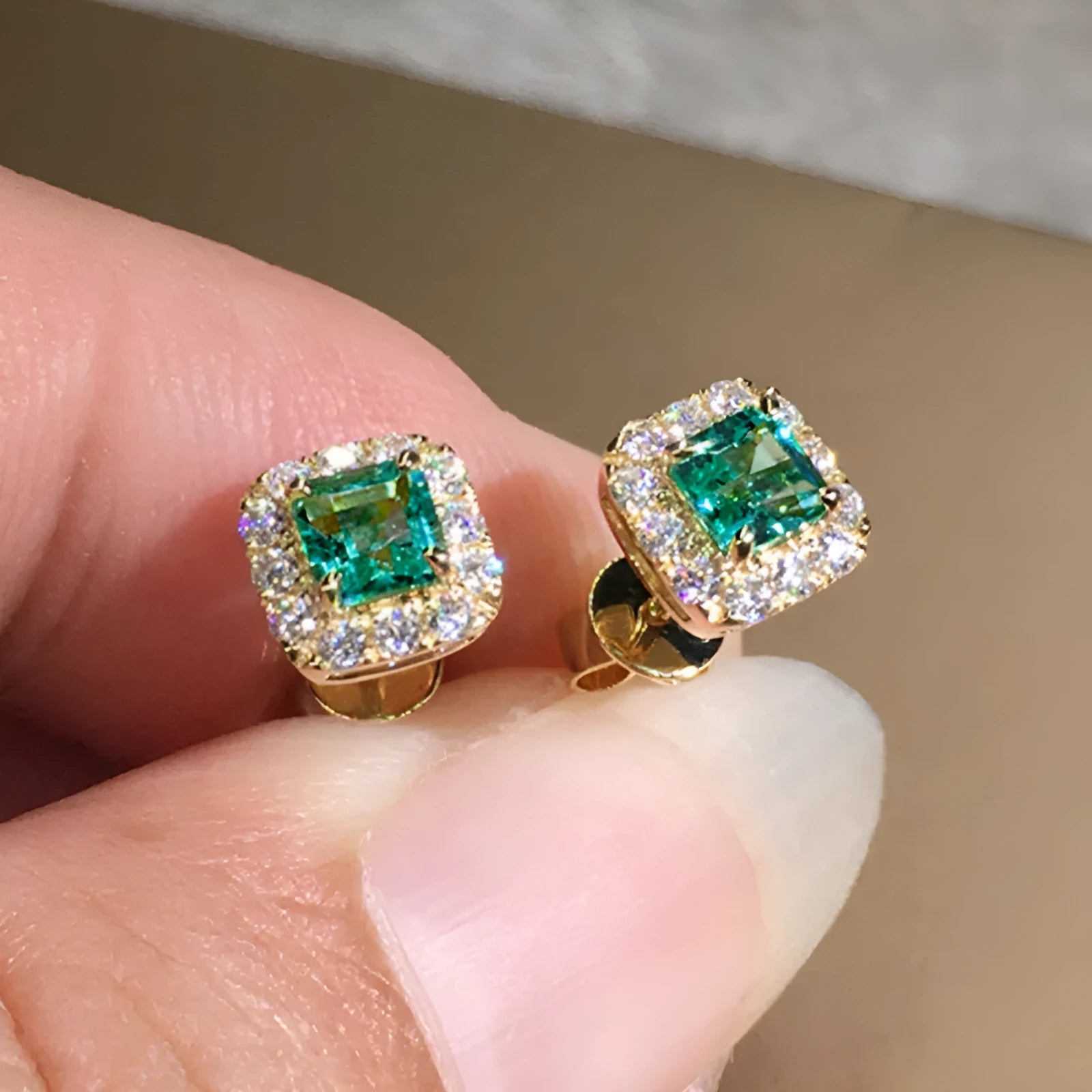 Square zircon earrings with grandmother green stones on copper base with electroplated finish