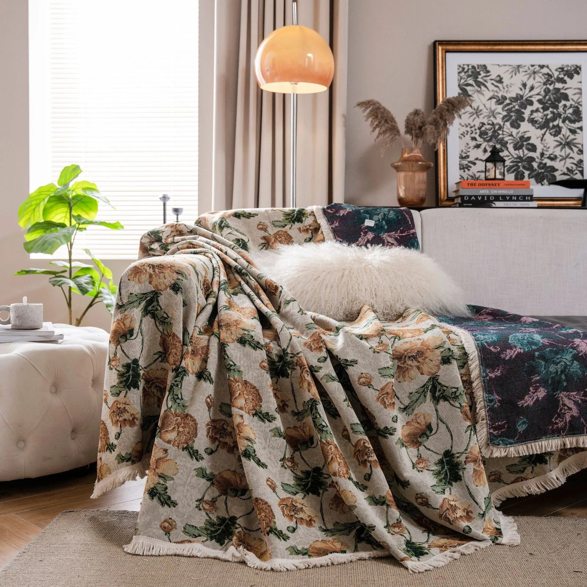 American country style jacquard floral patterned sofa cover in a retro design on a sofa.