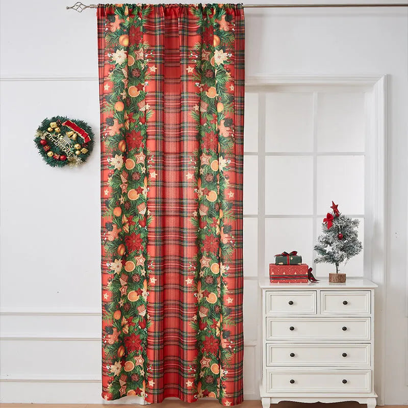 Rectangular red and blue Christmas printed curtain with semi-shade function.