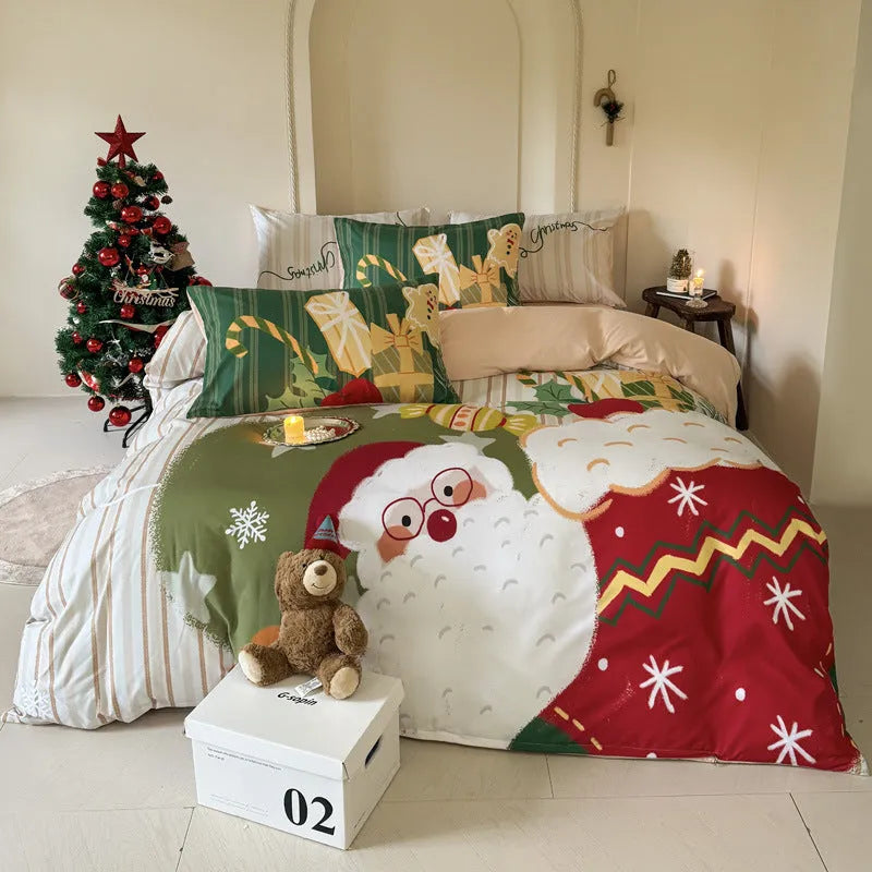 Christmas cartoon character bedding set with duvet cover, fitted sheet and pillowcases laid on a bed