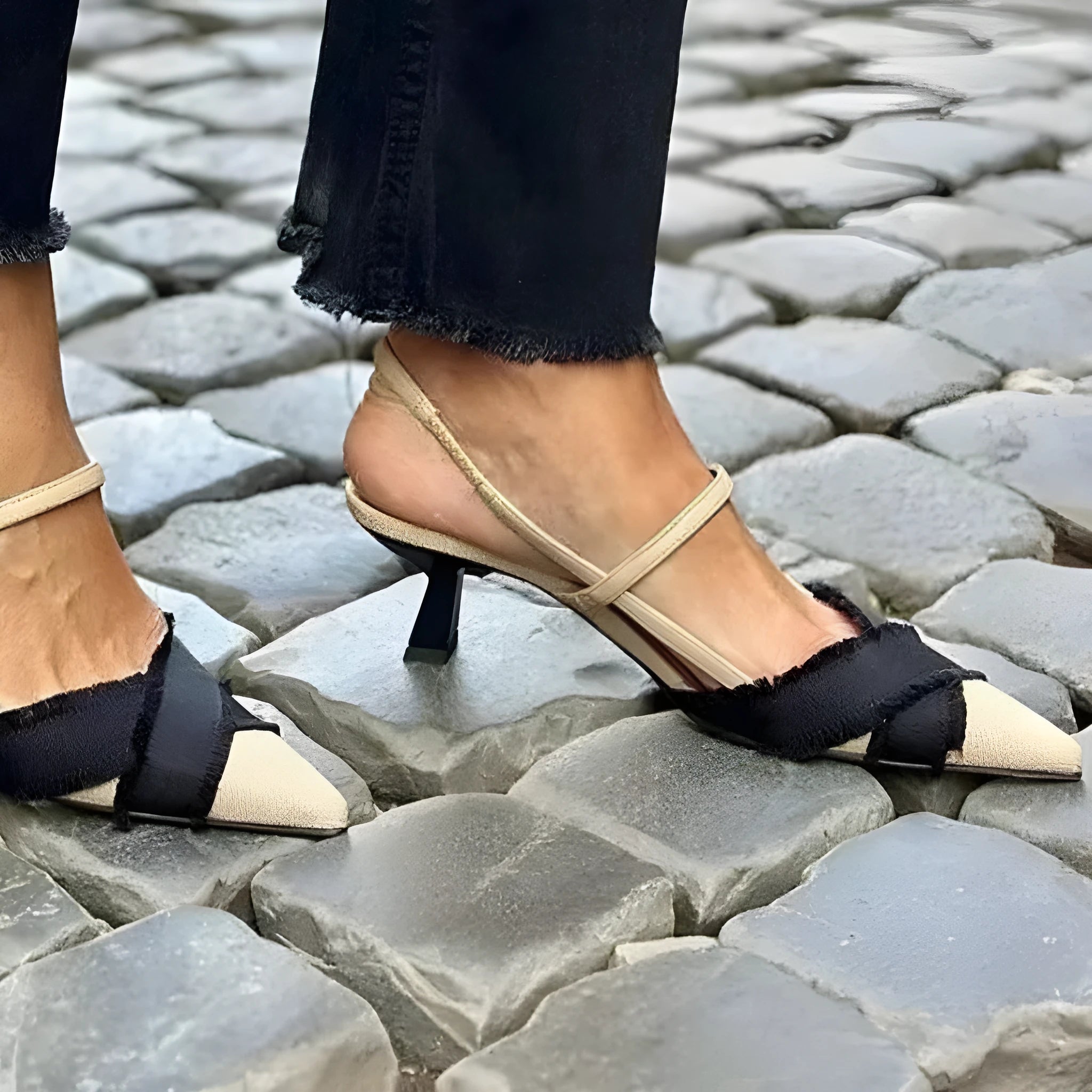 Women's apricot black colour block pointed toe stiletto sandals with buckle fastening