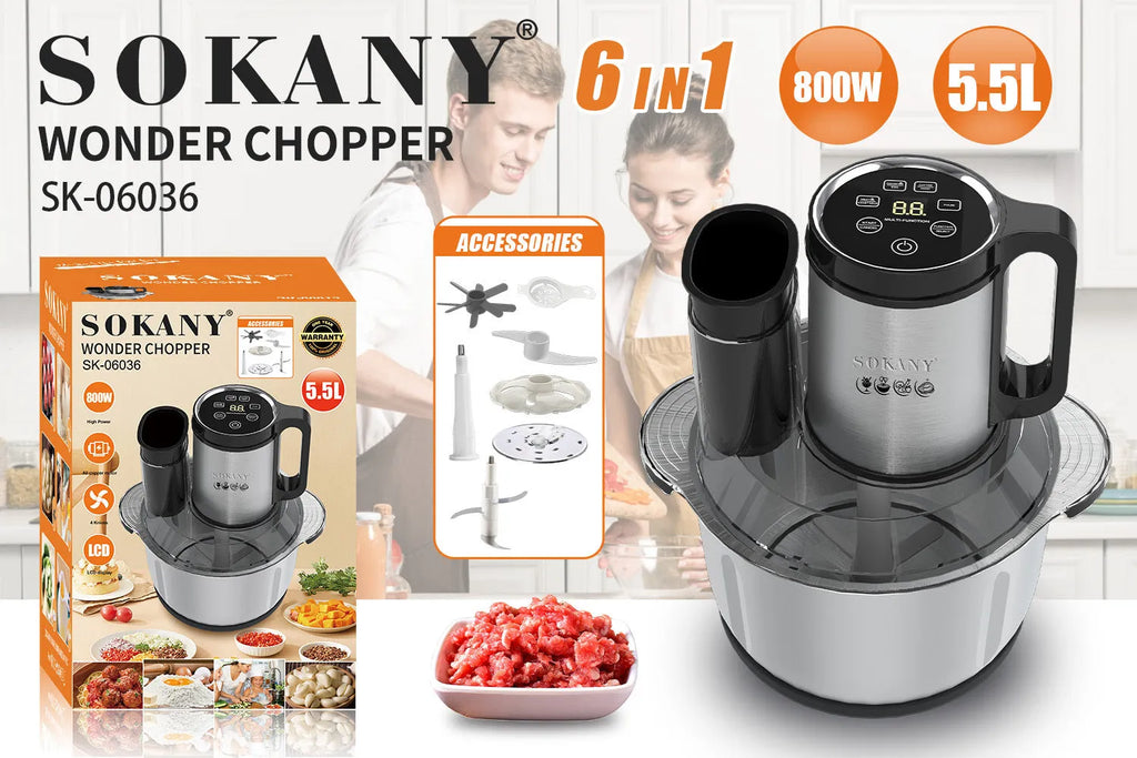 Stainless steel meat grinder and vegetable cutting mixer with control panel, 06036 colour option.