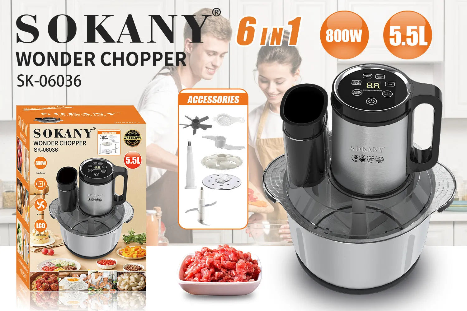 Stainless steel meat grinder and vegetable cutting mixer with control panel, 06036 colour option.