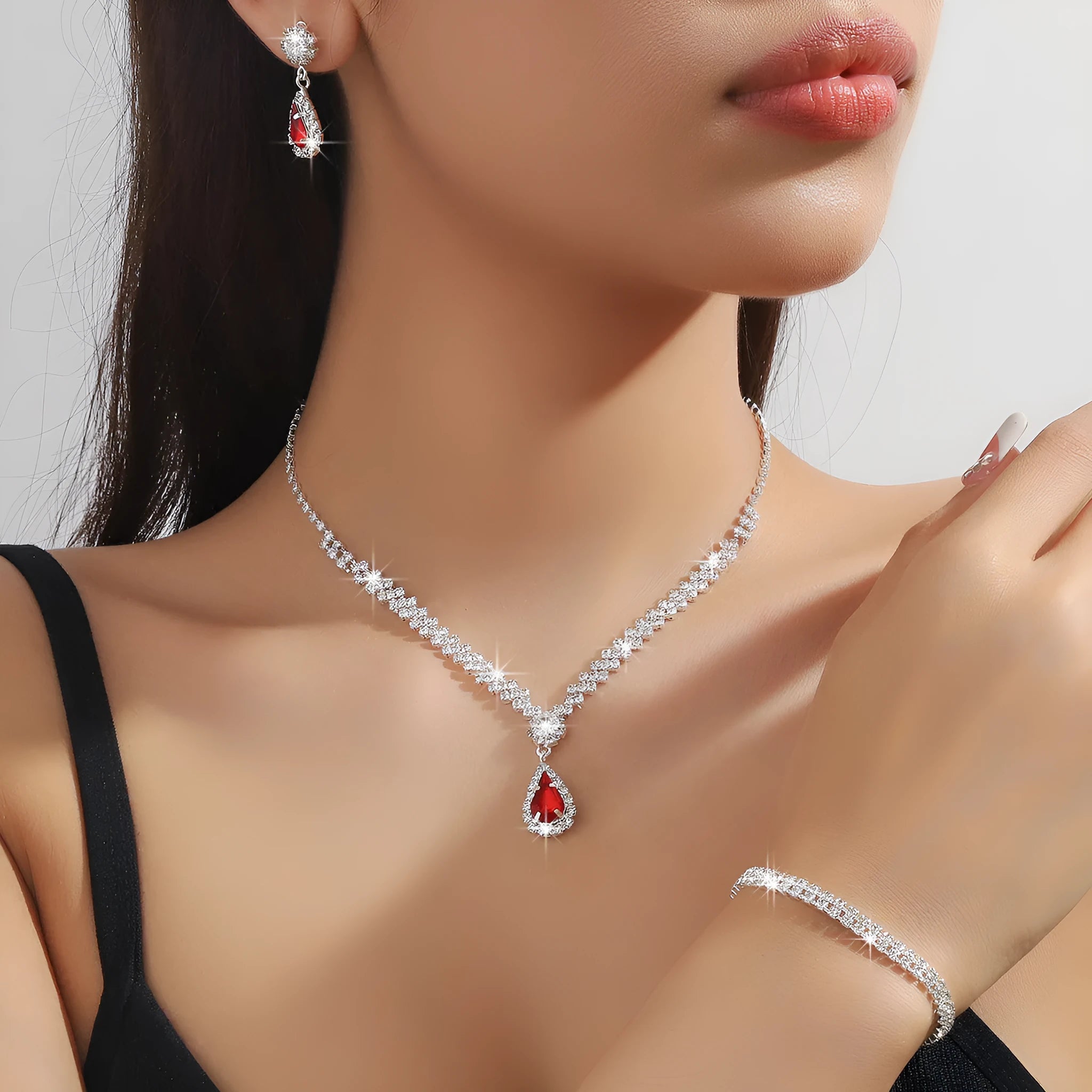 Claw chain necklace and earrings set with drop rhinestones in multiple colour options