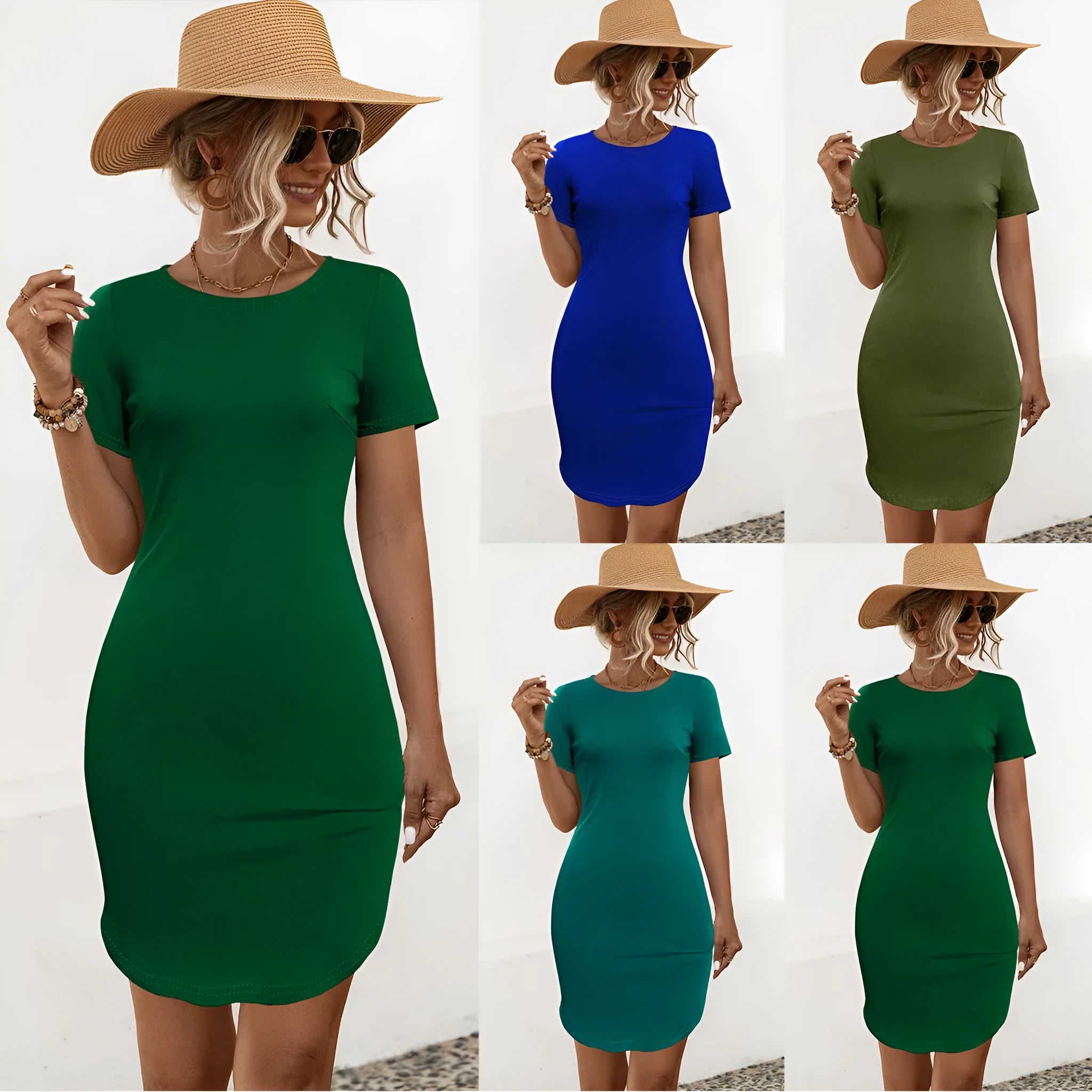 Women's Army Green cotton blend short sleeve dress with U-neck and side split on a mannequin.