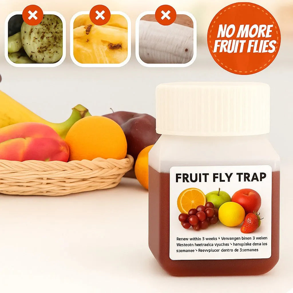 Bottle of SK003 fruit fly trapper bait liquid on a kitchen counter.