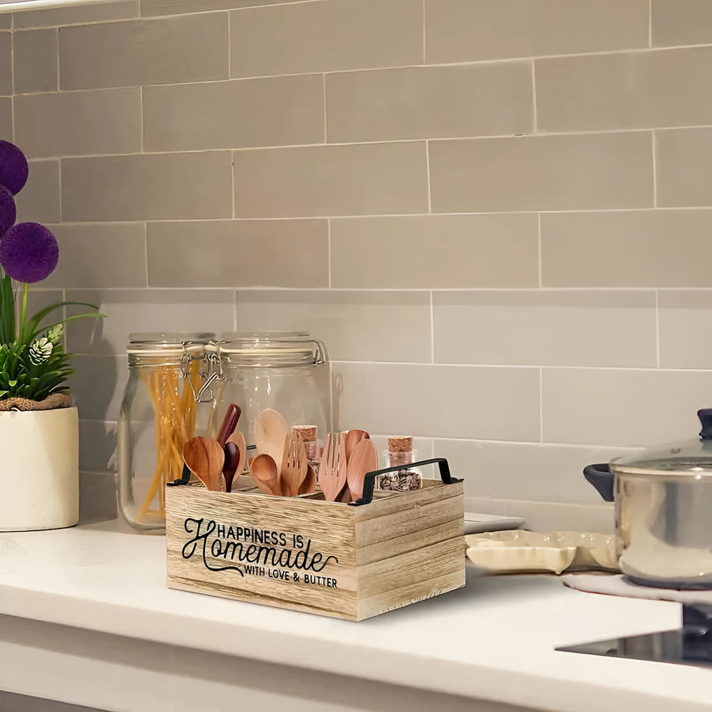 Natural wood coloured kitchen storage box with internal grid for organising cutlery.
