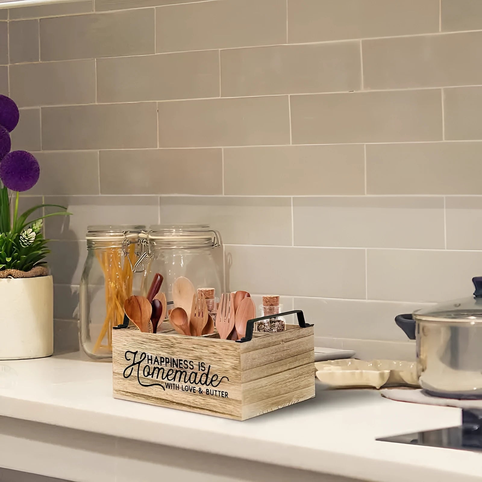 Natural wood coloured kitchen storage box with internal grid for organising cutlery.