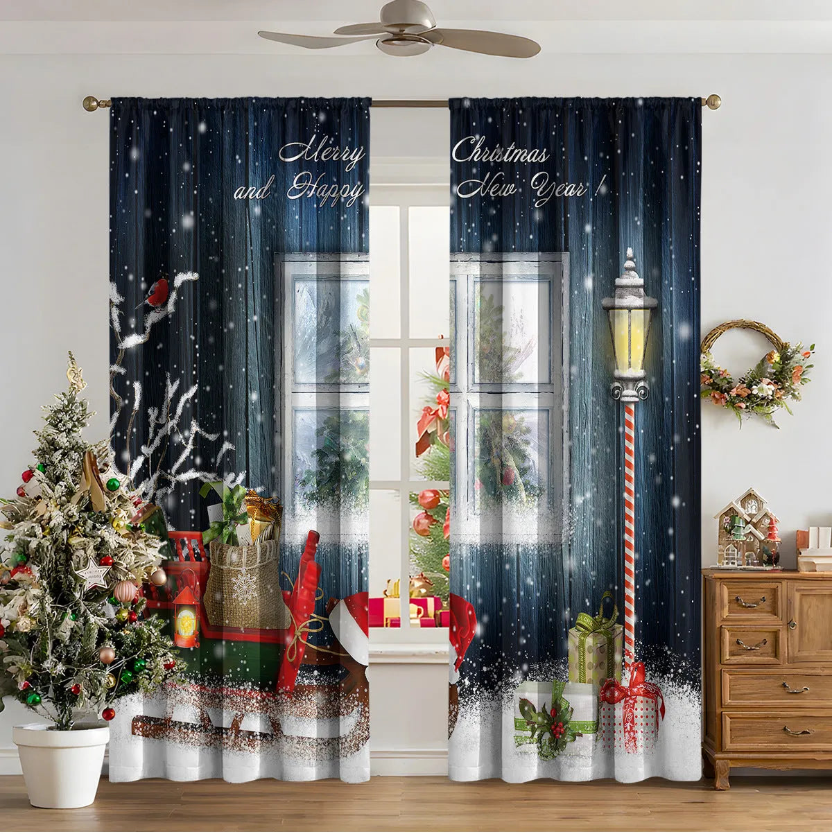 Pair of 3D digitally printed Christmas curtains in a modern design, made from polyester fabric.