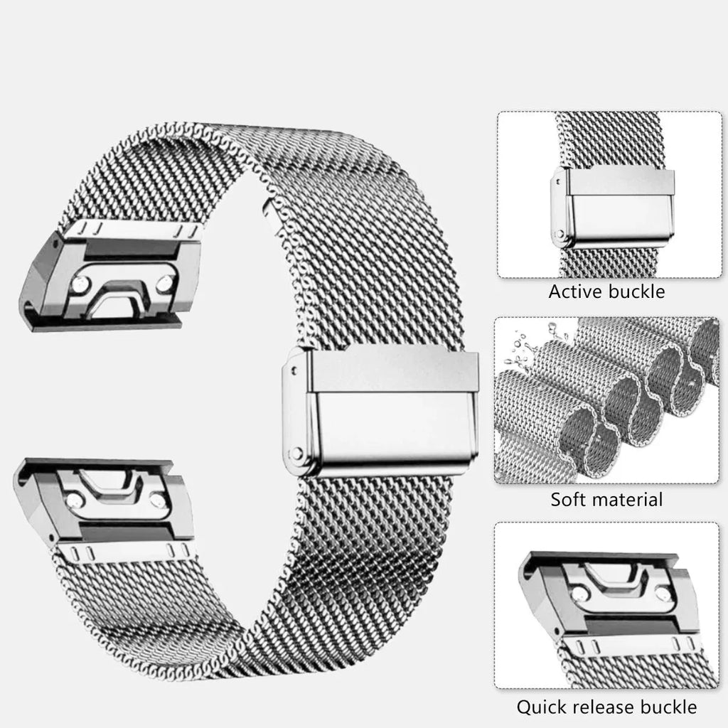 Stainless steel watch strap with card slot for Garmin Fenix smartwatch in silver finish.