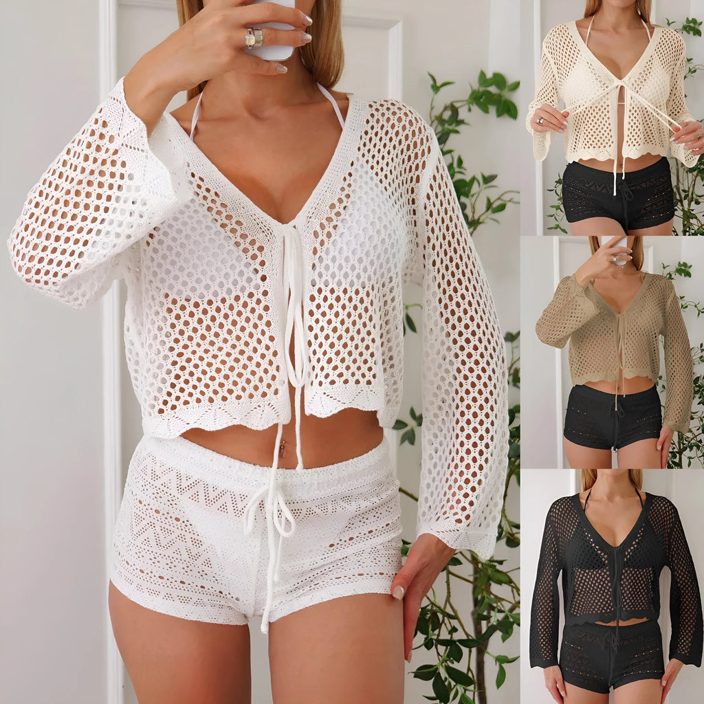 Women's hollow woven cardigan blouse with bell sleeves in apricot colour