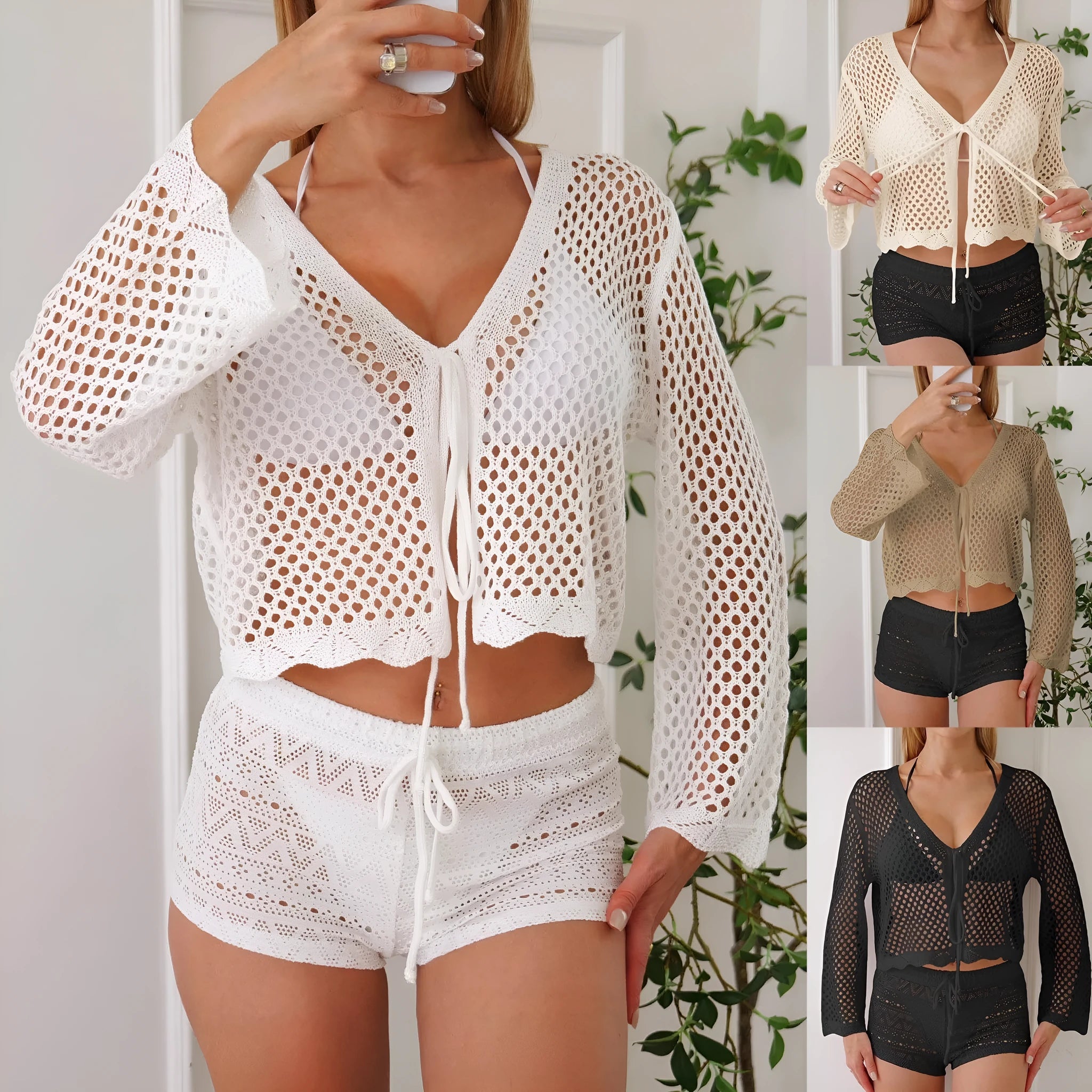 Women's hollow woven cardigan blouse with bell sleeves in apricot colour