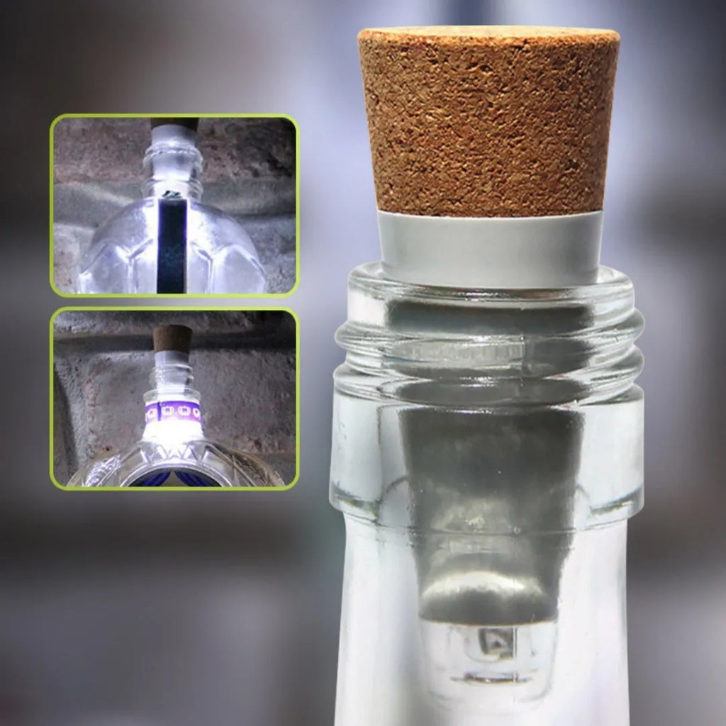 White plastic LED rechargeable bottle cap cork light with 15 beads, shown next to a wine bottle for scale.