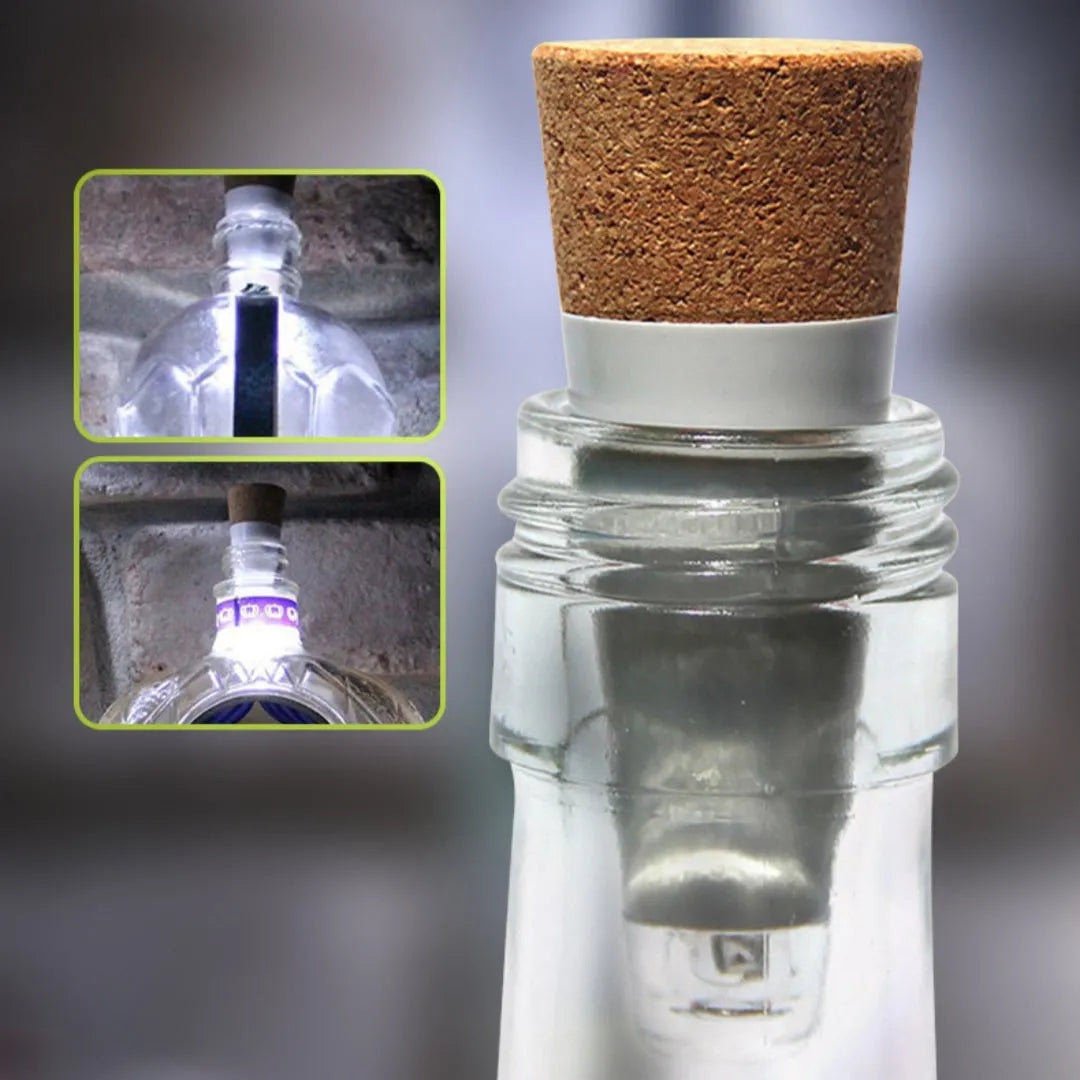 White plastic LED rechargeable bottle cap cork light with 15 beads, shown next to a wine bottle for scale.