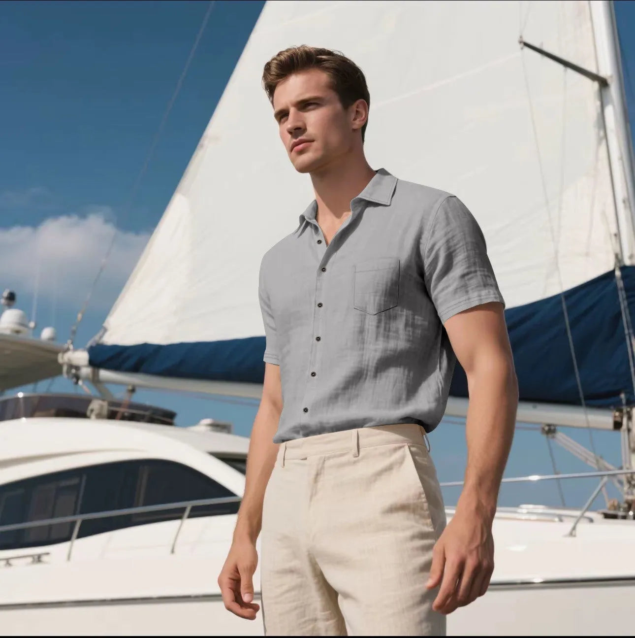 Men's loose fit linen short-sleeved cardigan shirt in a solid colour on a hanger.