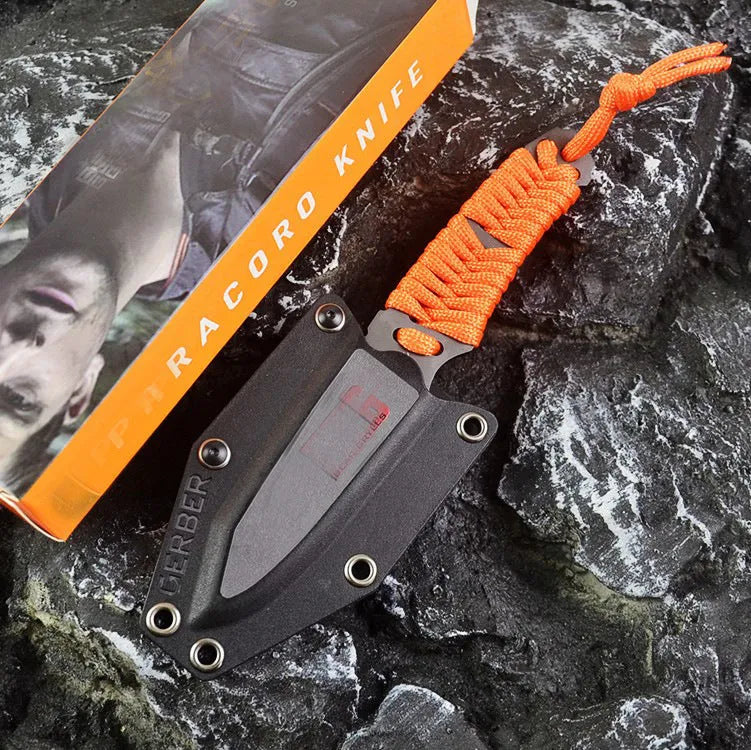 Outdoor straight knife with rope handle and ABS sheath showing 200mm length and sanded steel blade