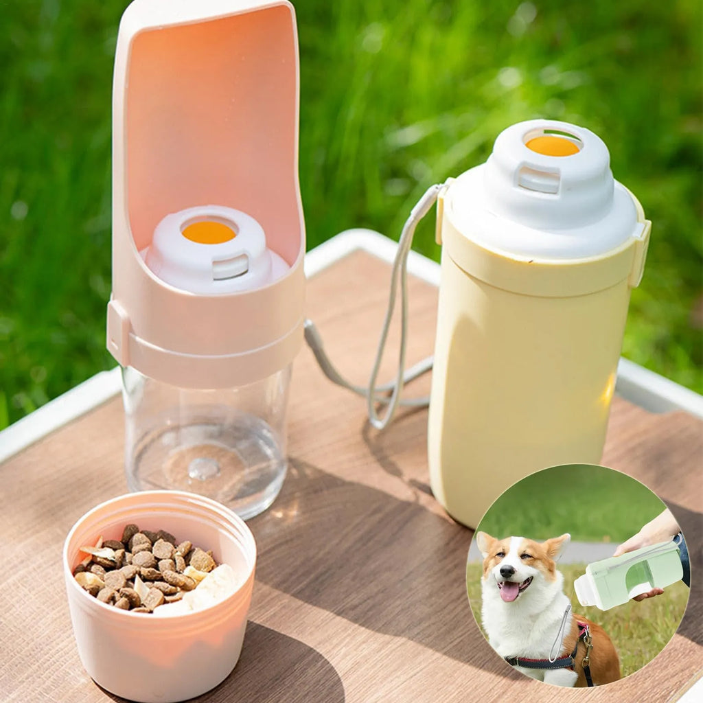Green 2-in-1 travel dog water bottle with lanyard showing food and water compartments