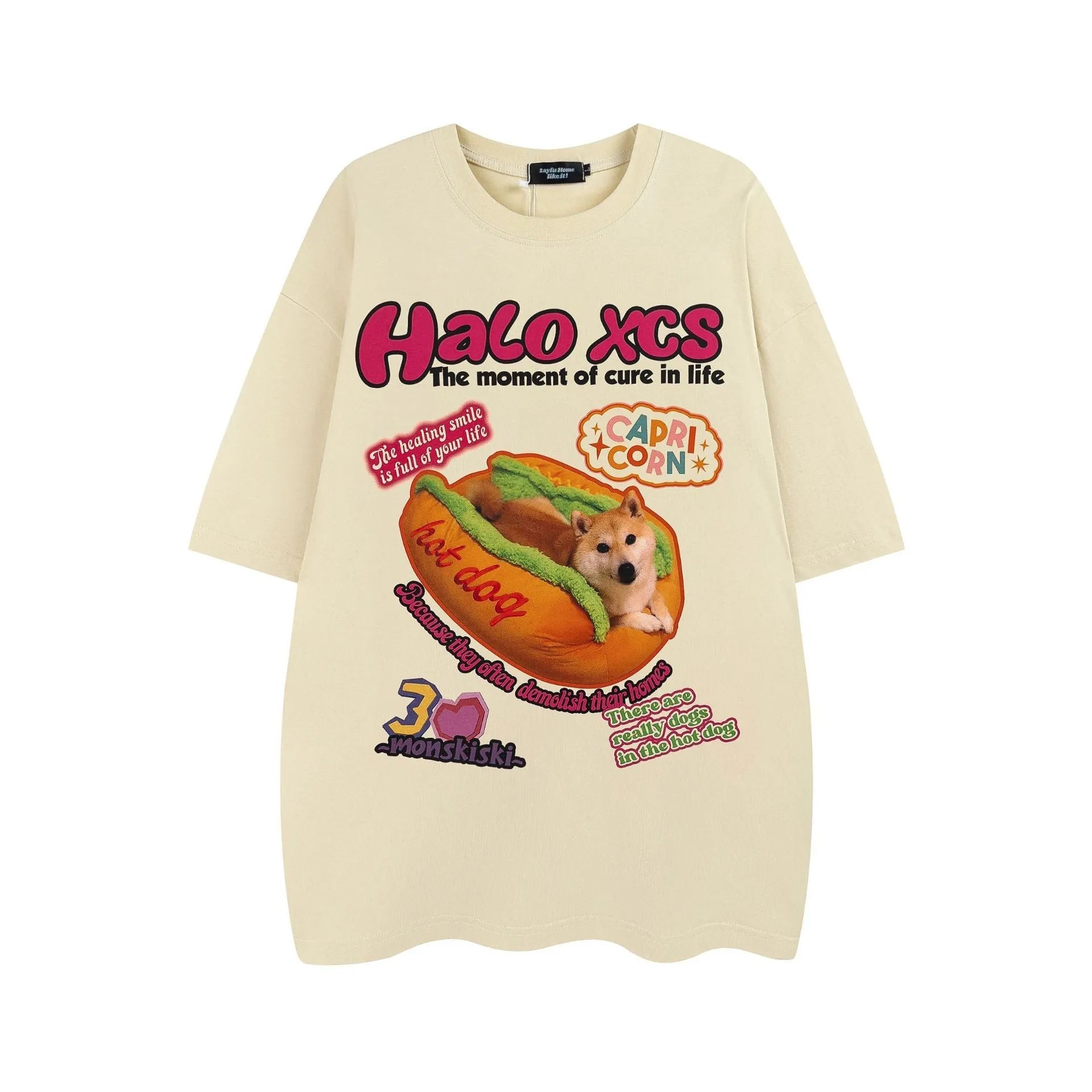 Cartoon hamburger dog printed loose cotton T-shirt in white, apricot, or sky blue