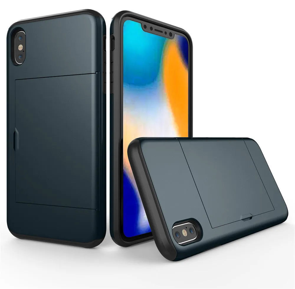 Armor Card iPhone case in black PC back cover with drop protection, shown from back angle.