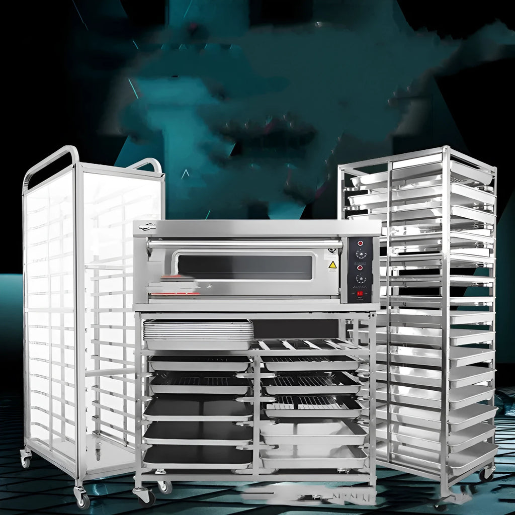 Stainless steel baking tray rack with six layers and locking mechanism, 40x60cm tray size
