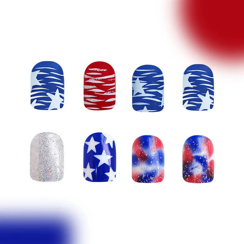 Red and blue glitter nail tips with Independence Day designs and European square styling