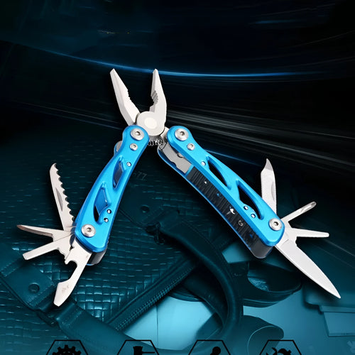 Blue folding multi-function pliers with fruit knife tool showing open and closed positions