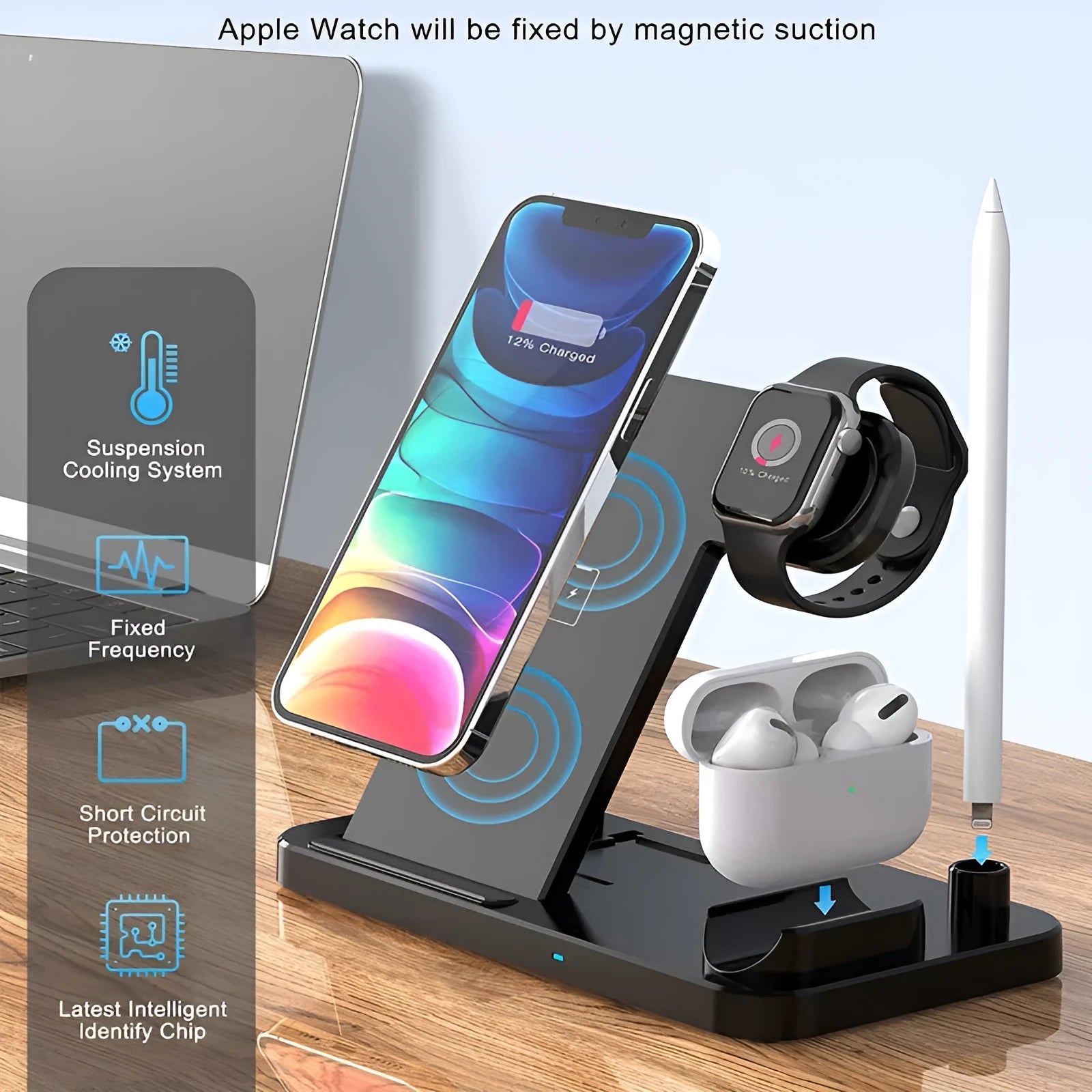Black four-in-one wireless charging station with QC3.0 fast charging head for multiple mobile devices