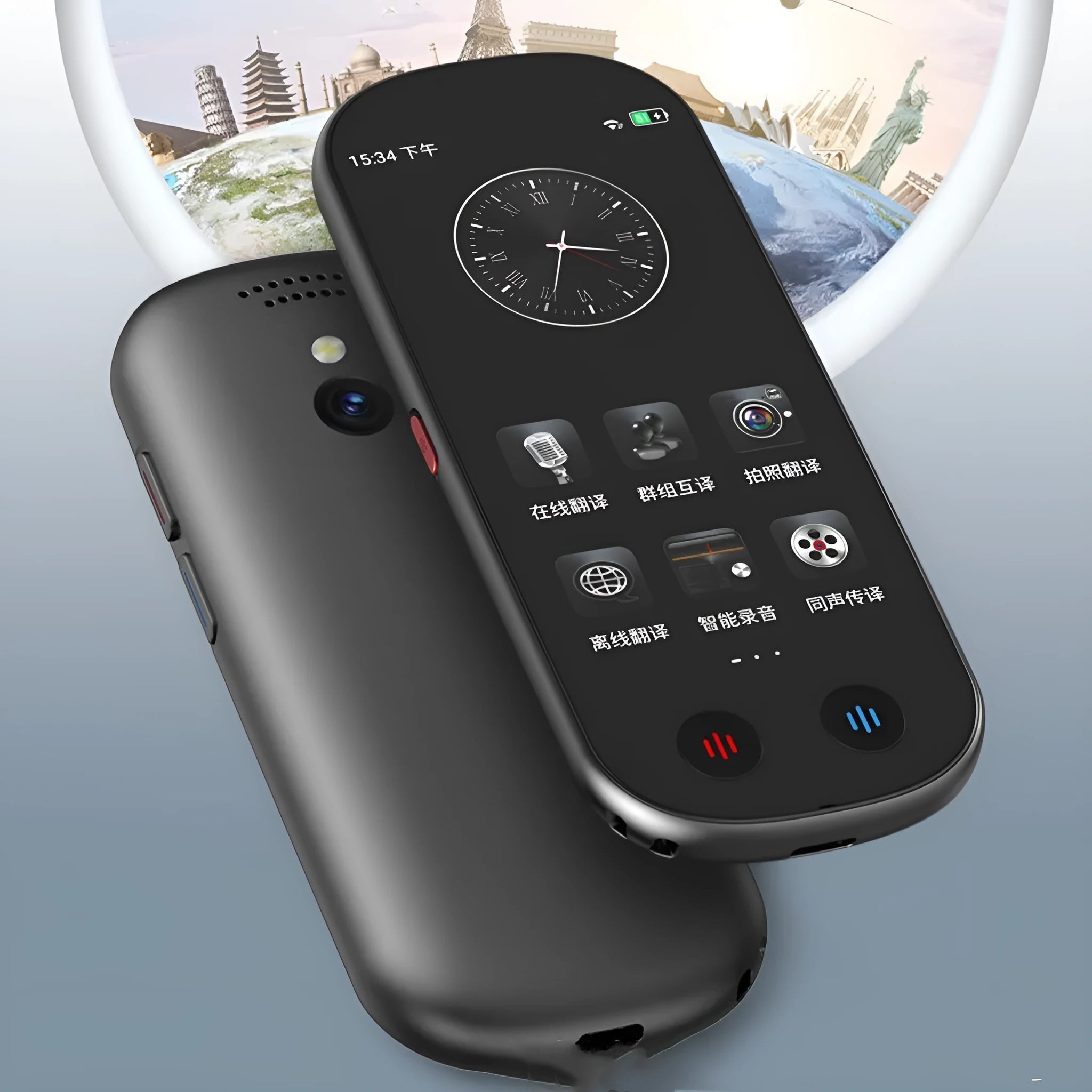 Black simultaneous interpretation translator device with lanyard and charging cable for business meetings