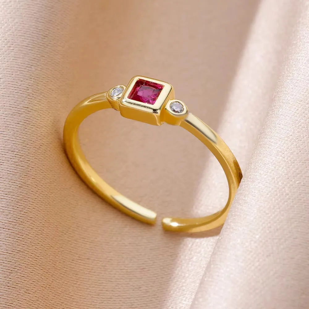 Adjustable 18K gold plated love emerald ring with synthetic zircon for women, open mouth copper design
