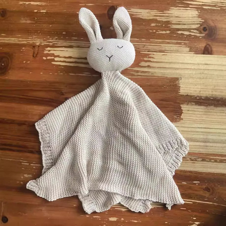 Cotton knitted rabbit toy appeasing towel 40x40cm sky blue colour for infants