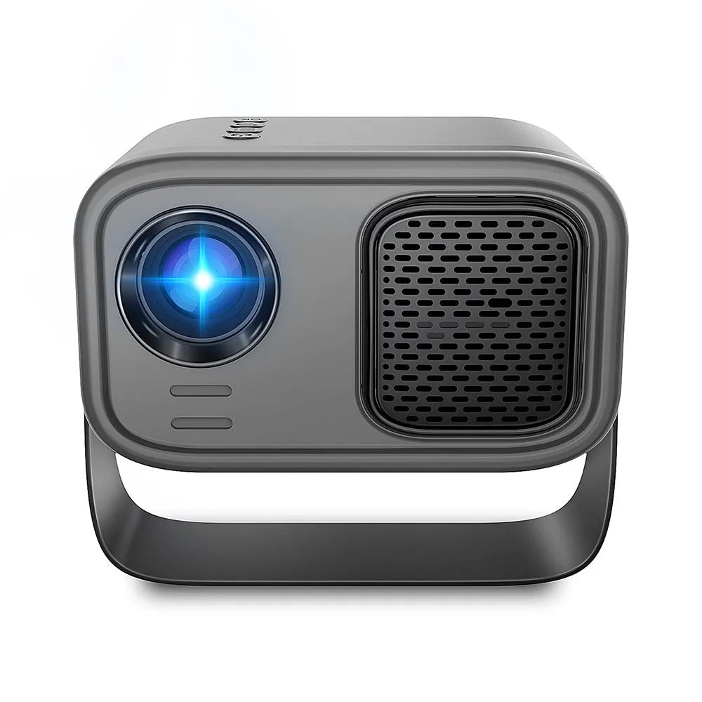 Black HD smart portable projector with remote control and cables for home office use