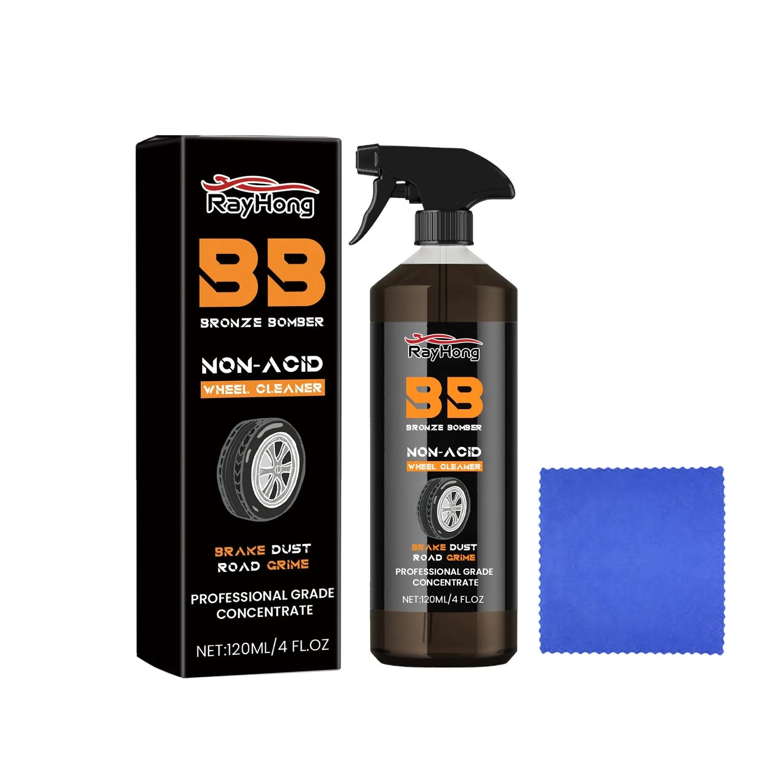 Car tire cleaner in a 4.5x18.7cm PE bottle with a 20x20cm towel for wheel hub cleaning