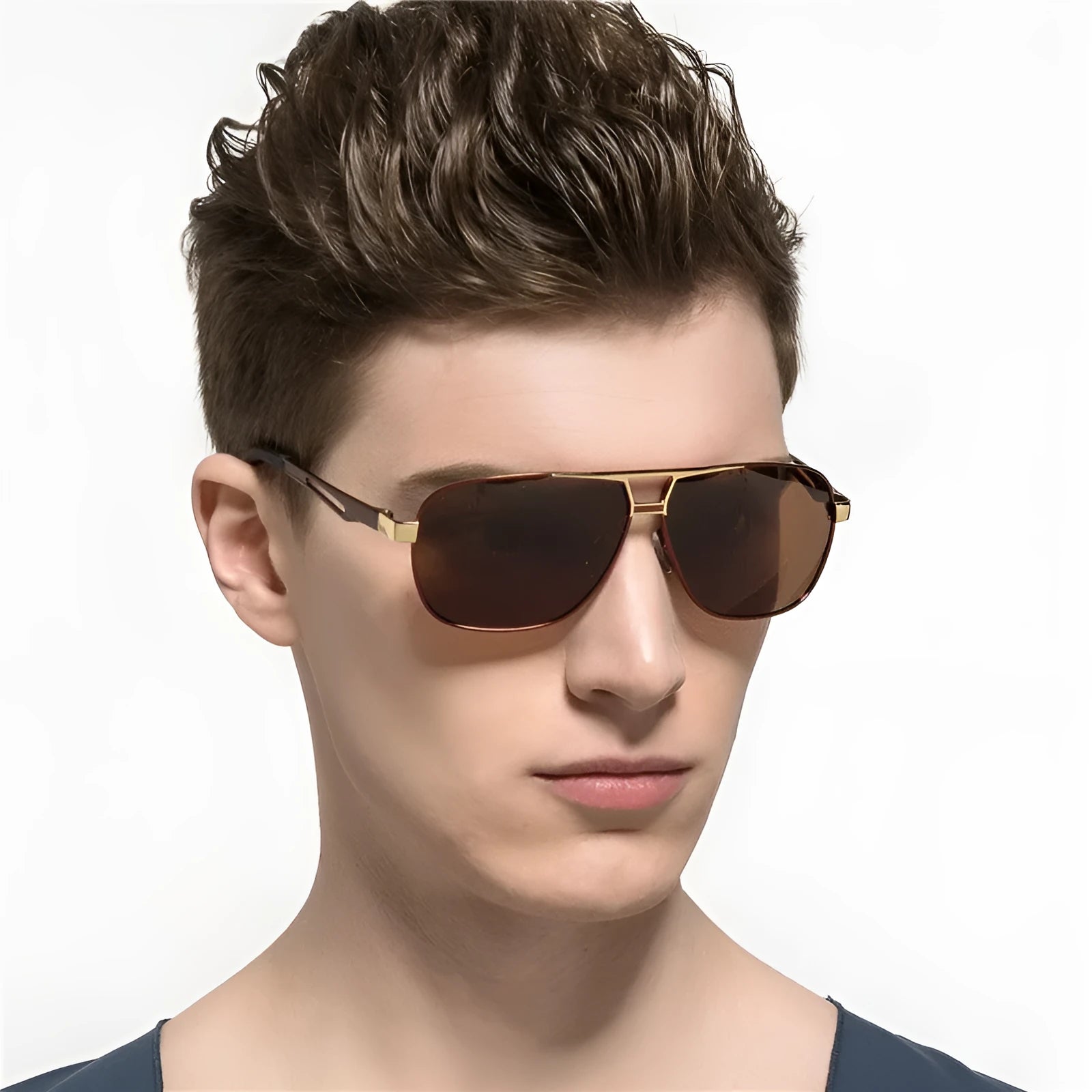 Men's orange red aviator sunglasses with metal frame and polarised lenses on a dark background.