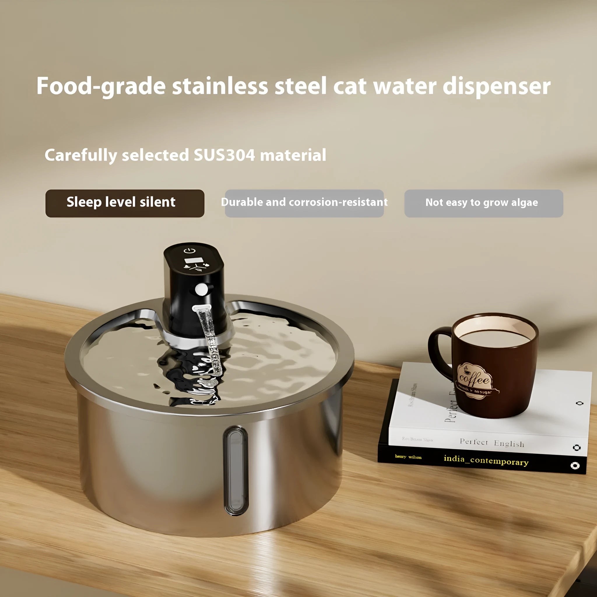 Stainless steel pet water fountain with a white heating base on a kitchen counter.