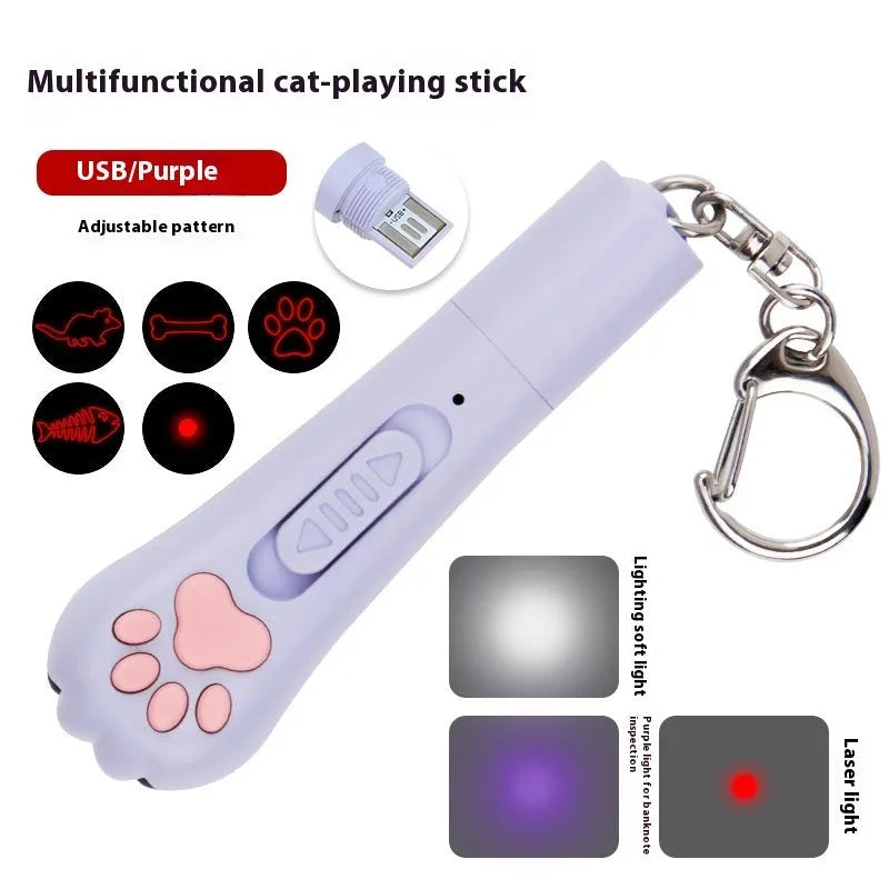 Handheld infrared cat laser toy projecting purple light patterns with colour options of blue, pink, purple, or white