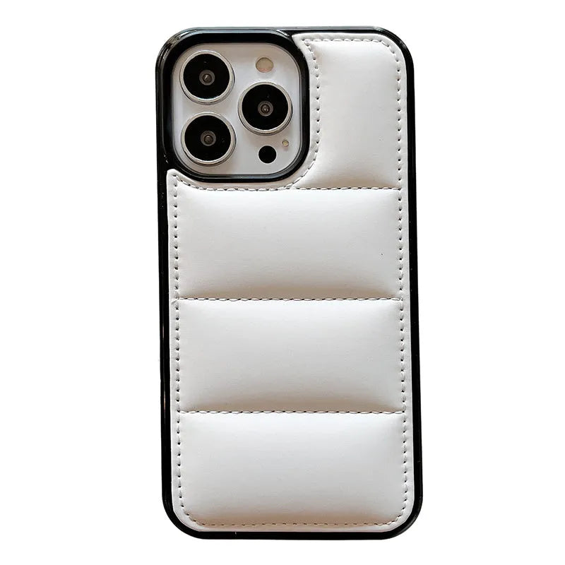 Candy down jacket texture iPhone case in solid colours: black, white, rose red, green.