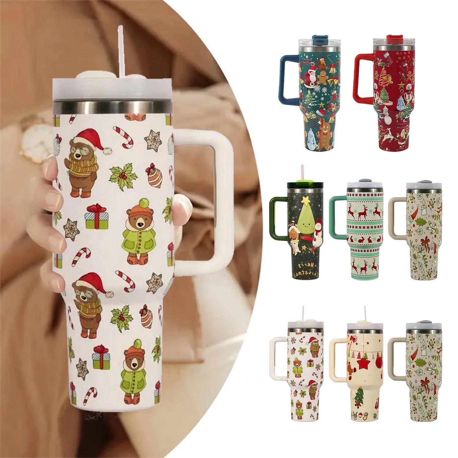 Christmas pattern stainless steel travel mug with handle, straw, and lid, showing 1200ml capacity.