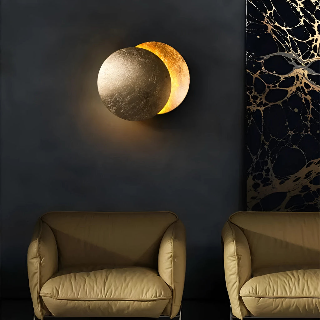 Modern minimalist aluminium bedside lamp in golden or black and gold finish, 20cm or 25cm diameter options