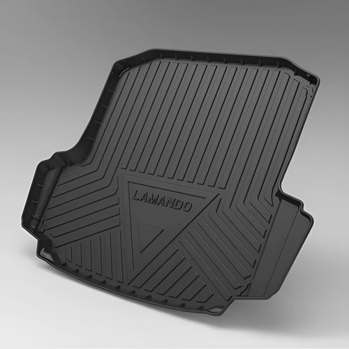 Black TPE car boot liner mat with a carbon fibre pattern texture, laid flat.