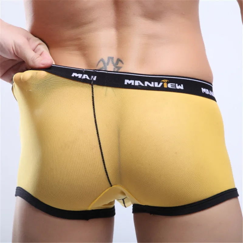 Men's solid colour mesh boxer shorts showing breathable fabric texture in white, yellow, red, black, and blue options