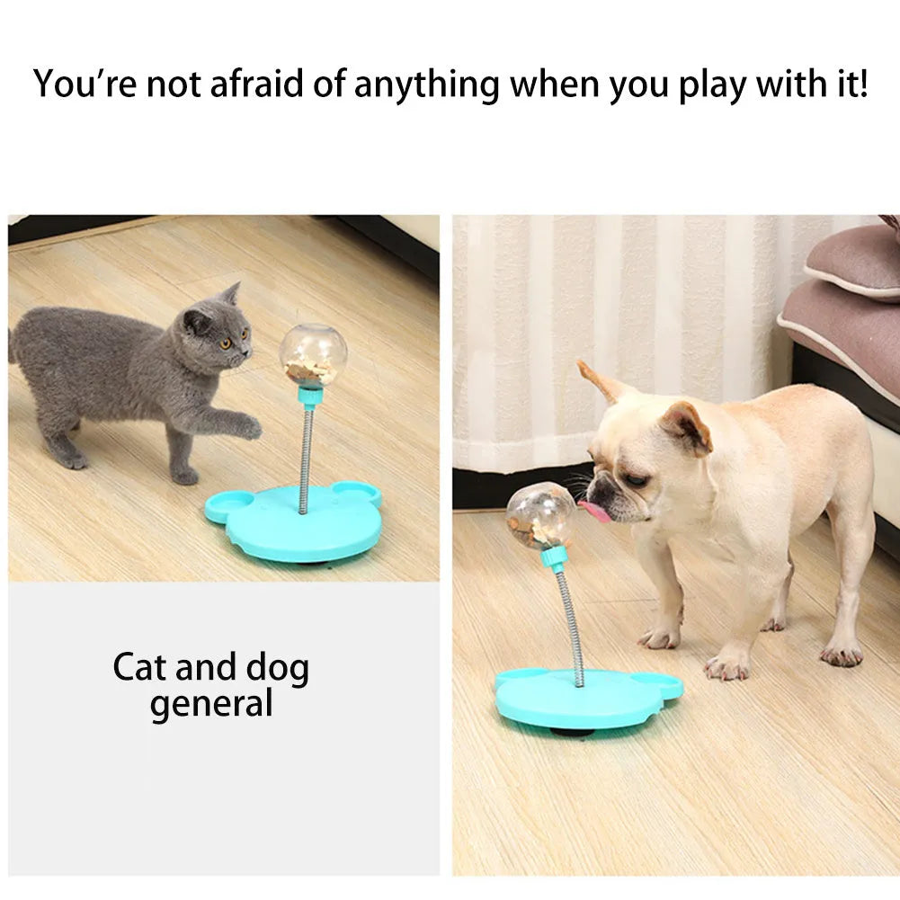 Plastic pet feeder toy with leaking food ball, swing tumbler body, suction cup base, Blue or Pink