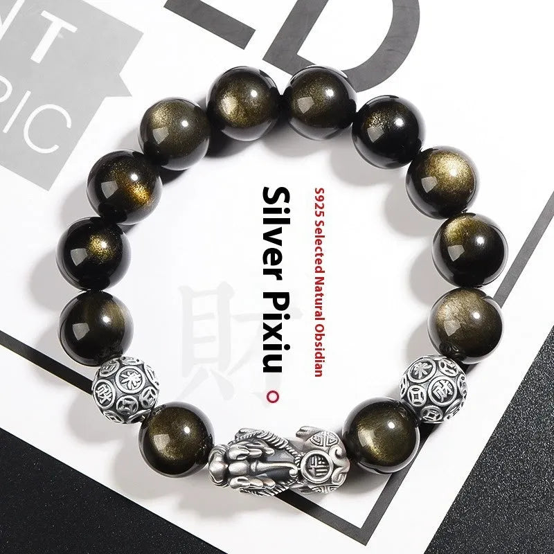 Men's natural obsidian and S999 sterling silver bracelet with geometric design