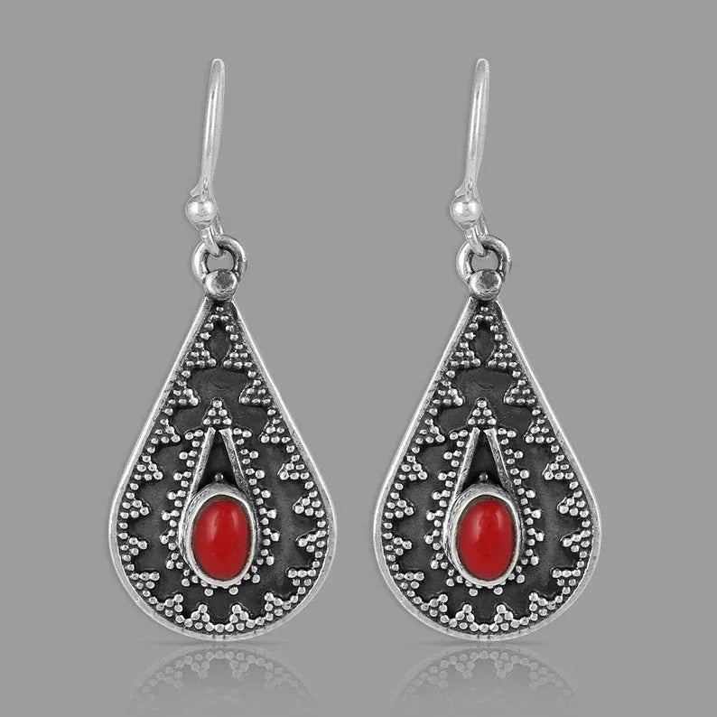 Silver drop earrings with red pine gemstone in water drop shape, vintage floral detailing