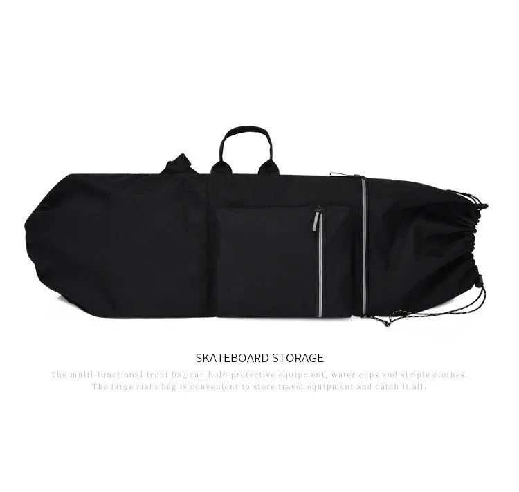 Black waterproof skateboard backpack with a longboard strapped to the side, showing padded shoulder straps.