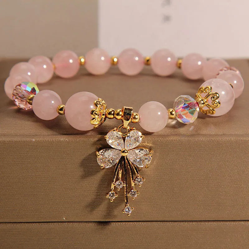 Amethyst crystal beaded bracelet with butterfly charms in mori normcore style