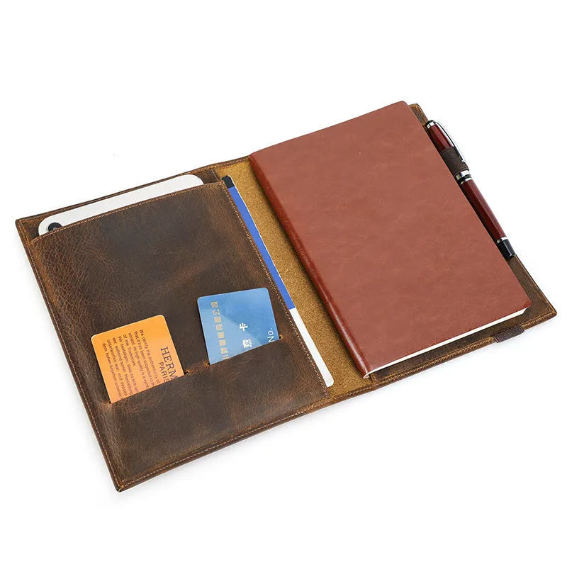 Brown Crazy Horse leather A5 notebook protective sleeve with square socket-type design