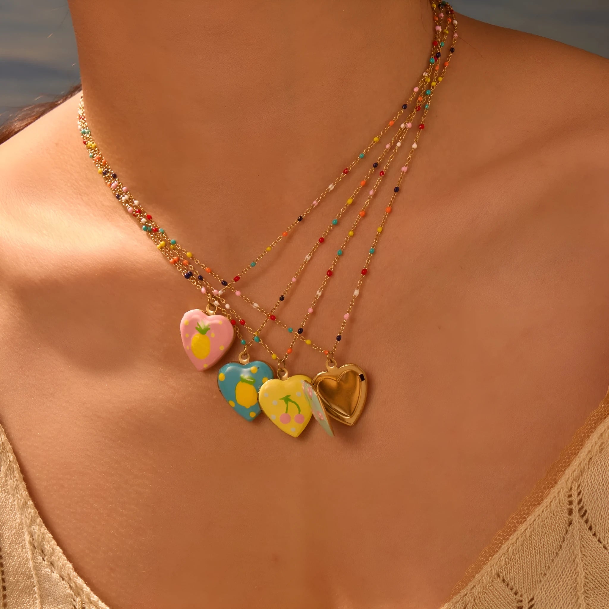 Gold-plated stainless steel necklace with fruit heart pendant on adjustable chain