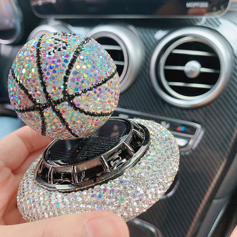 Solar car perfume ornament with rotating rhinestone basketball design, metal and ABS base, 8cm, red white blue options
