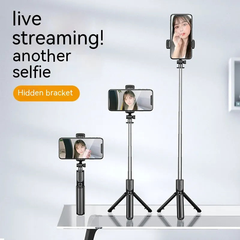 Black plastic wireless Bluetooth selfie stick with fill light and floor tripod universal phone holder